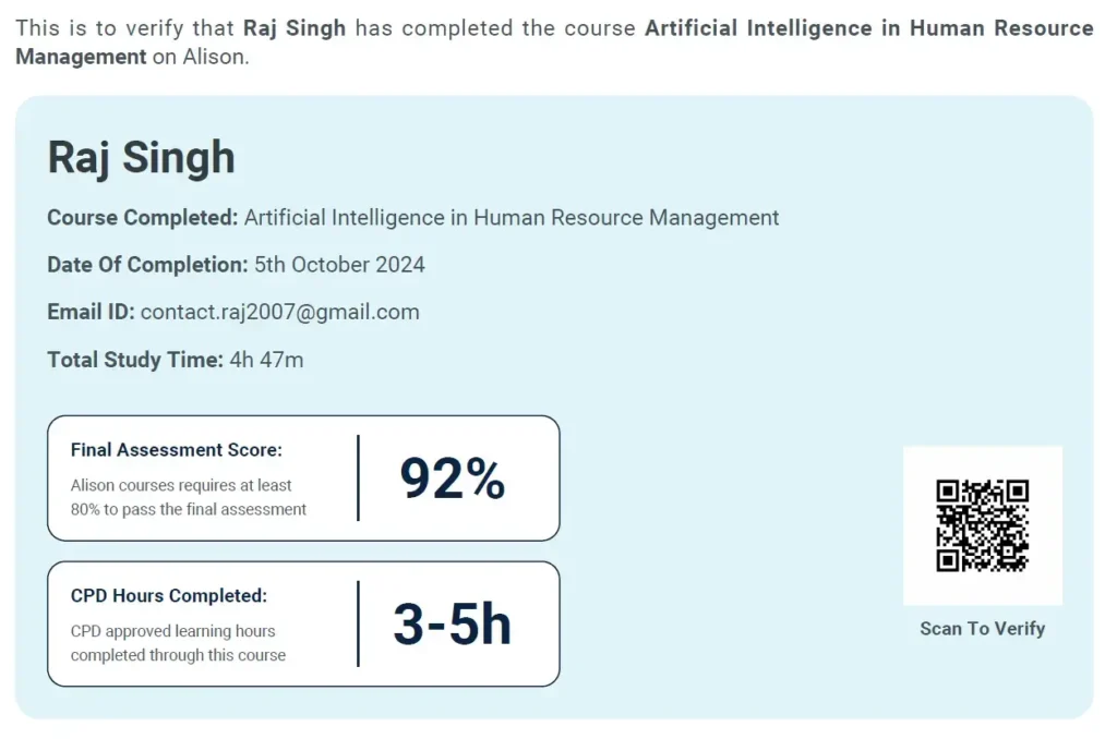 Raj's AI in HRM Certificate by Alison