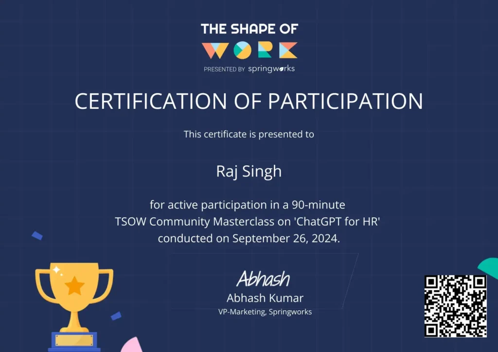 Raj's Certificate in ChatGPT for HR from TSOW